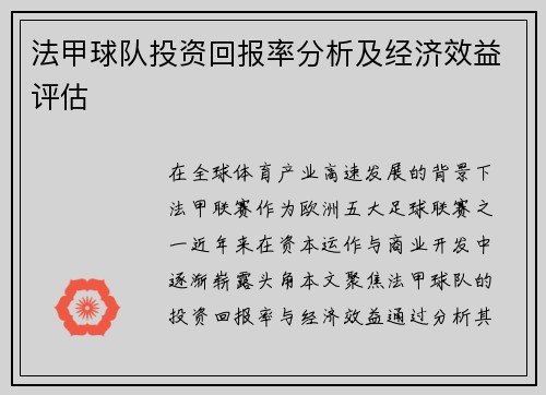 法甲球队投资回报率分析及经济效益评估